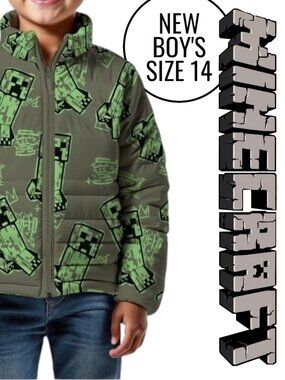 NEW Minecraft Boys Creeper Zip Puffer Jacket Lightweight Size 14 Zippered Size: